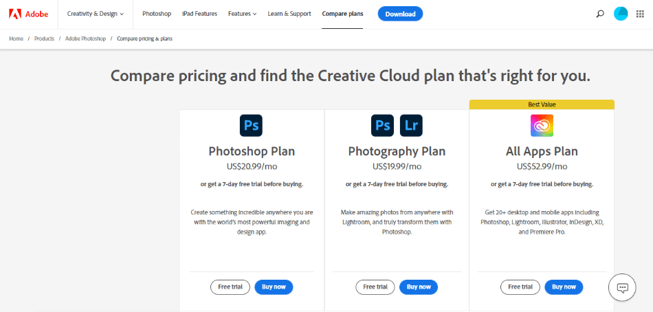 Photoshop Subscription Options on Creative Cloud 1