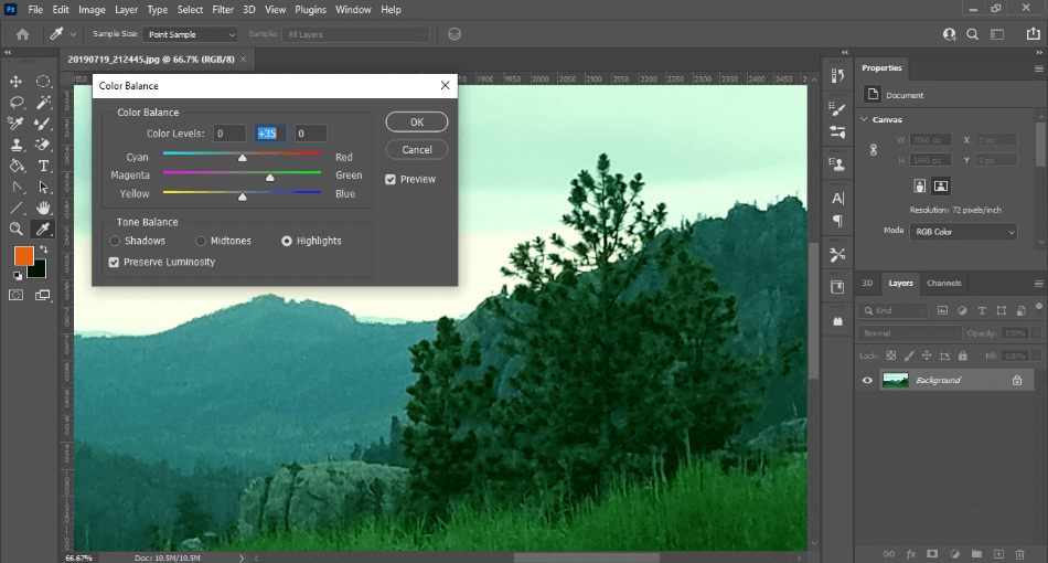 Photoshop editing color balance of trees
