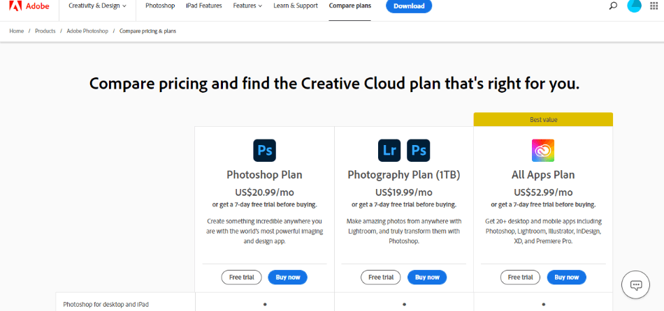Photoshop price plans on Adobe website