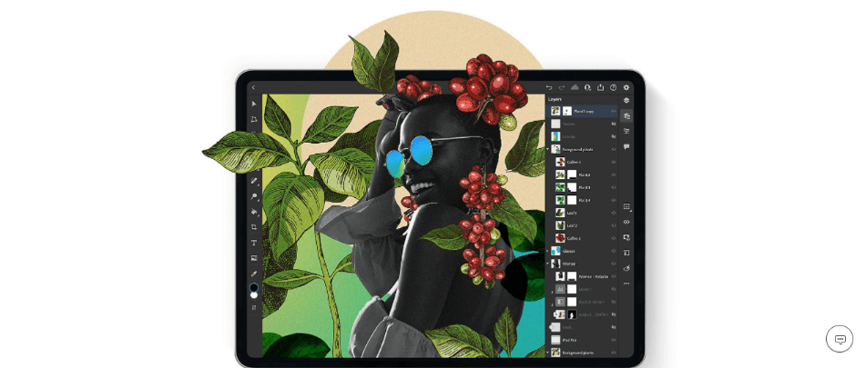 iPad showing Photoshop illustrations of a woman and greenery