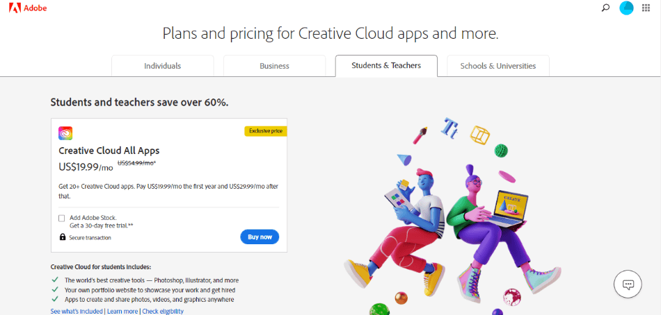Adobe Student and Teacher pricing and plans
