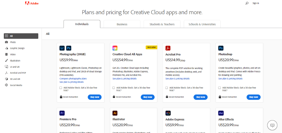 Adobe website all pricing plans