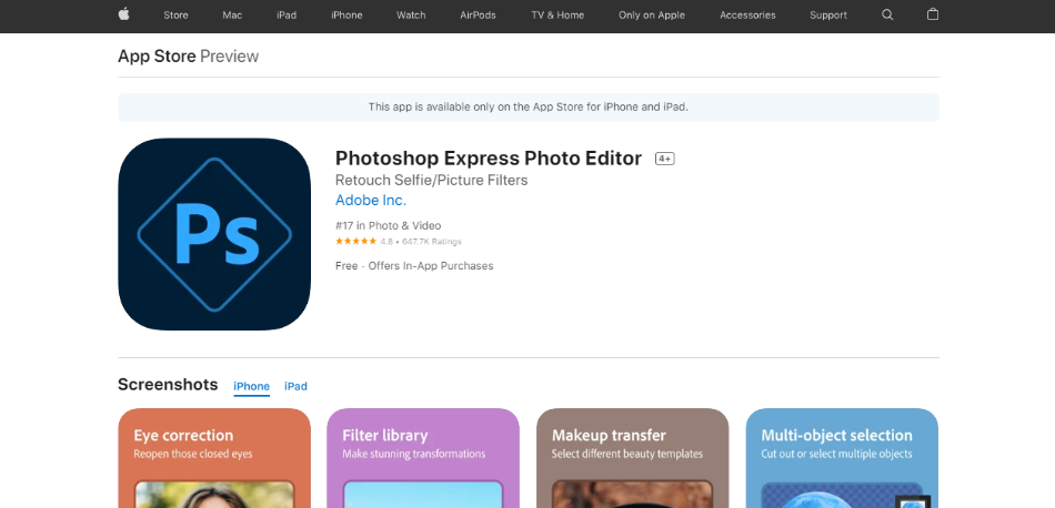 Apple Store page for Photoshop Express