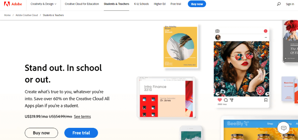 Creative Cloud Student page on Adobe website