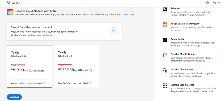 Creative Cloud Student pricing plans