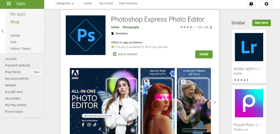 Google Play page for Photoshop Express