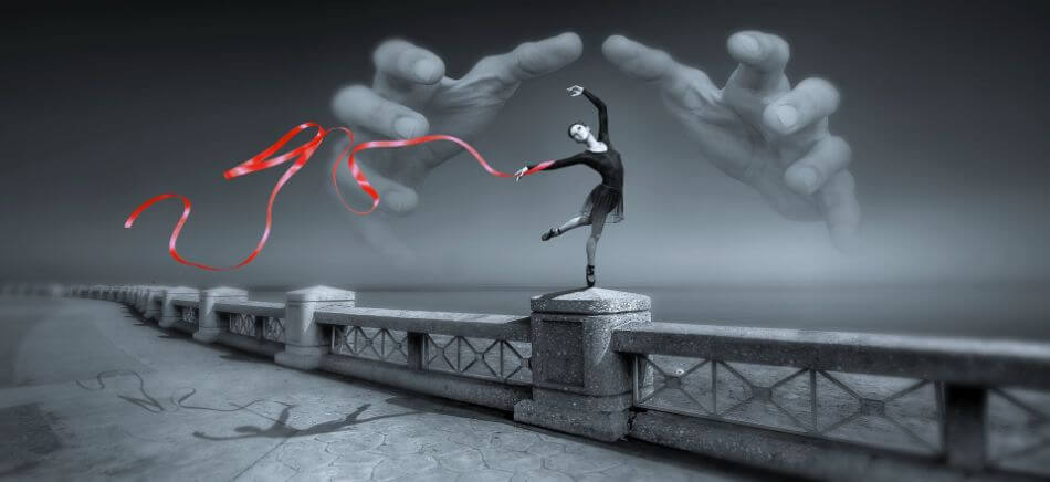 Photoshop Elements dancer in black and white with red ribbon
