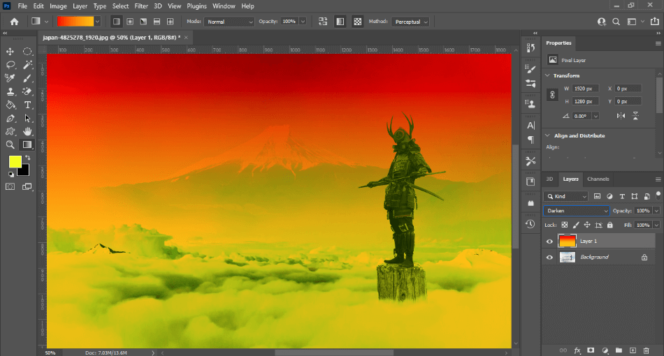 Photoshop mount fuji with statue and red gradient
