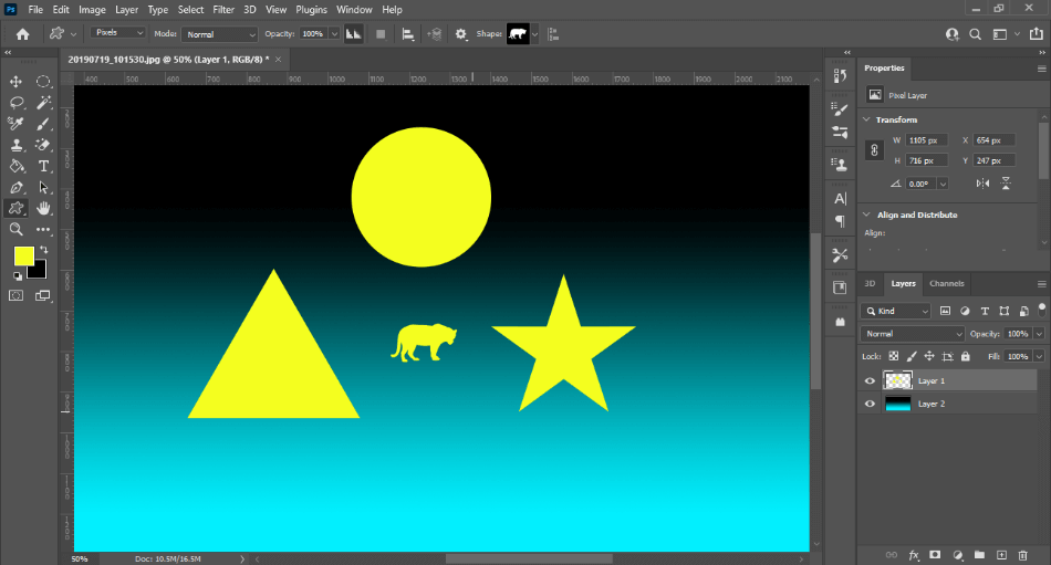 Photoshop yellow shapes of circle triangle star and cat