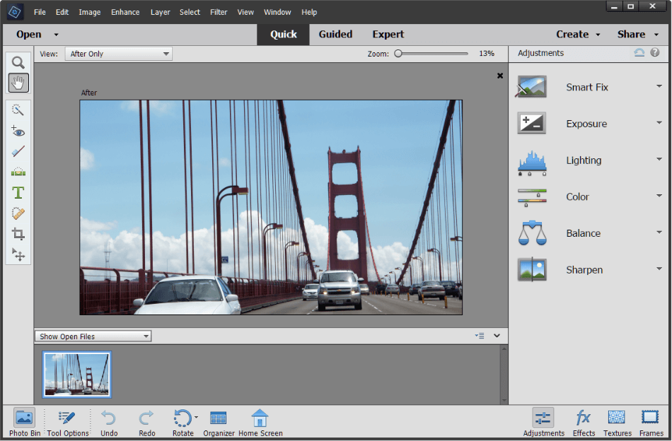 Photoshop Elements interface of cars on a bridge