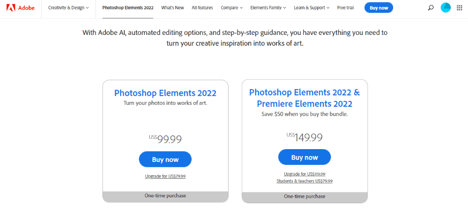 Photoshop Elements page on Adobe website