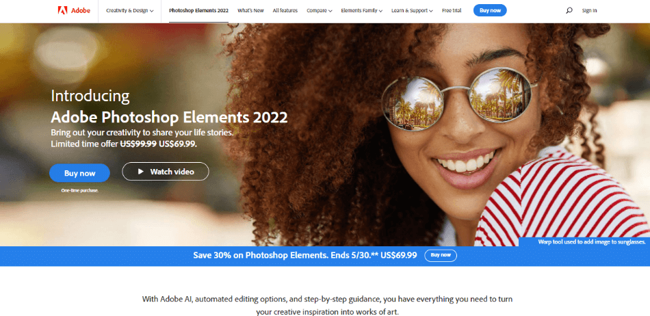 Photoshop Elements page on the Adobe website 1