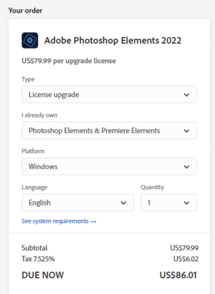 Photoshop Elements upgrade checkout