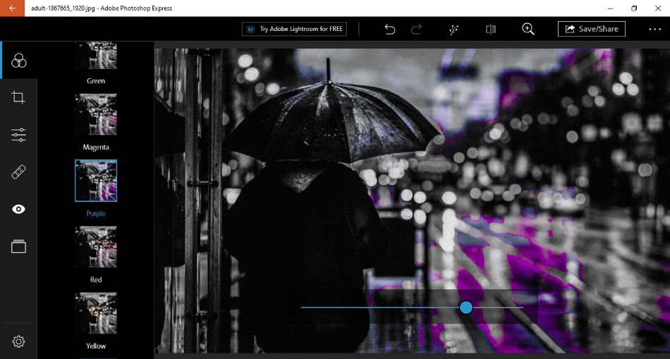 Photoshop Express adding purple to city rain photo