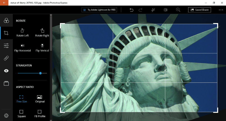Photoshop Express cropping photo of Statue of Liberty