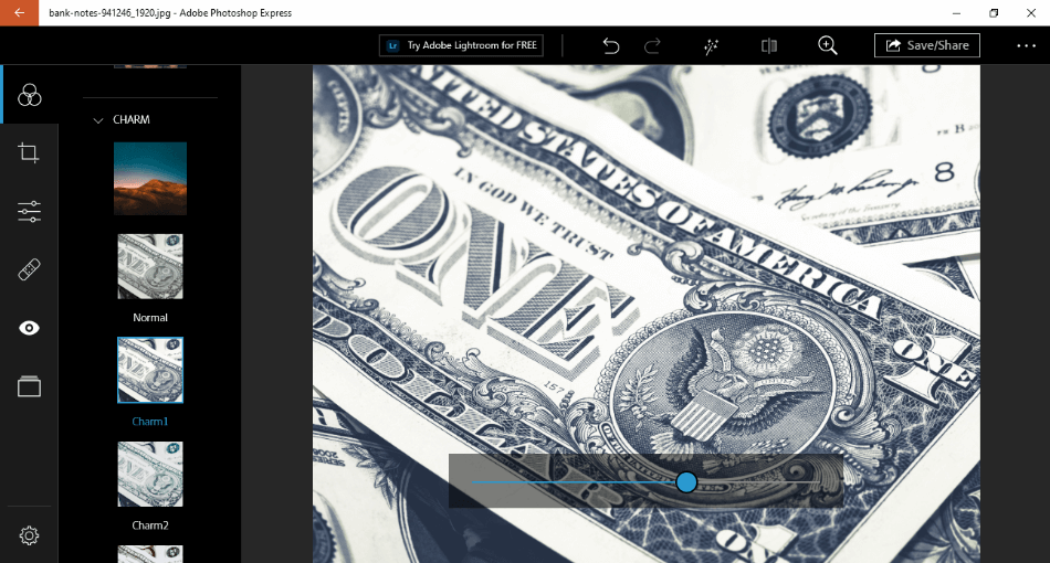 Photoshop Express editing photo of a dollar