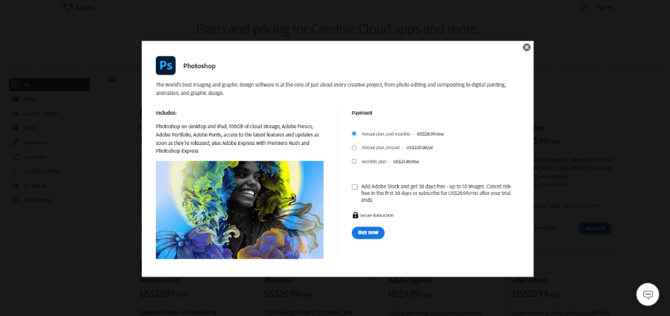 Photoshop at a glance pricing on Adobe website