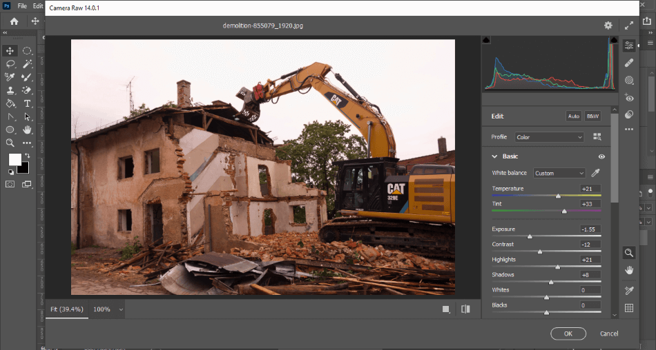 Photoshop editing demolition site with Camera RAW filter