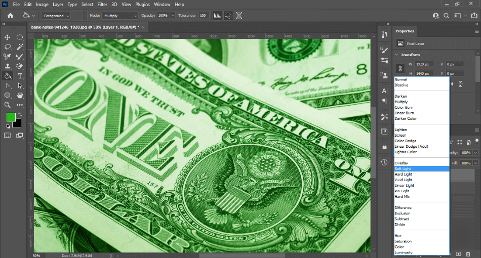 Photoshop editing photo of one dollar bill