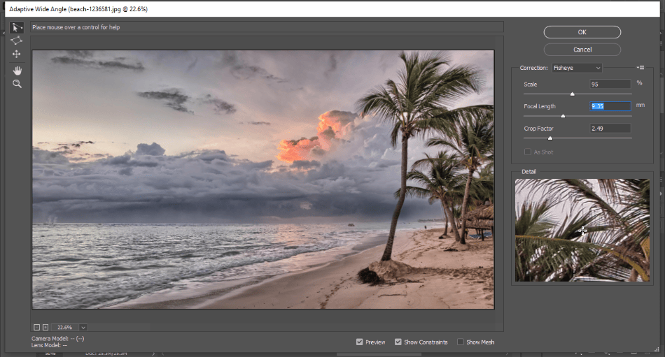 Photoshop lens edits to photo of beach