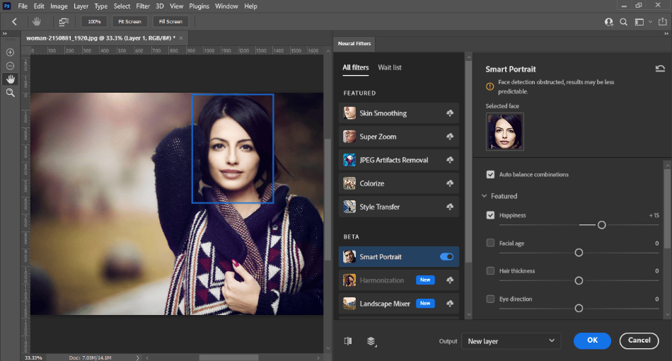 Photoshop neural filters on photo of a woman
