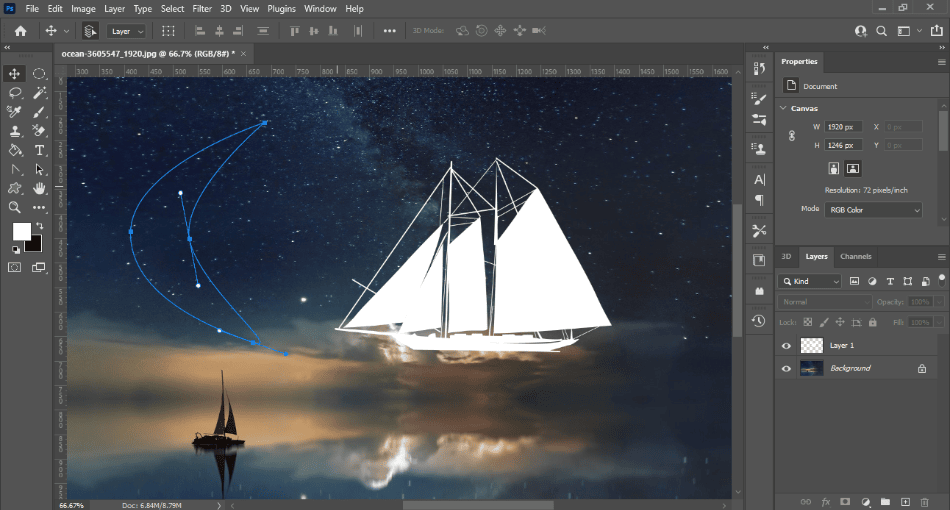 Photoshop shapes over a starry sky with boats and moon