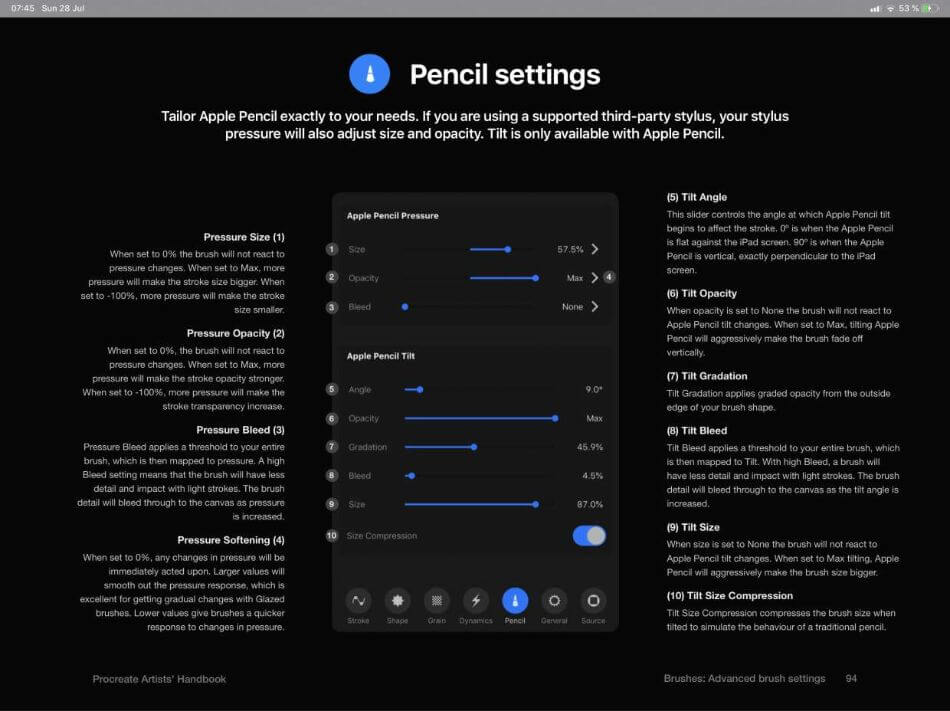 Procreate pencil settings page