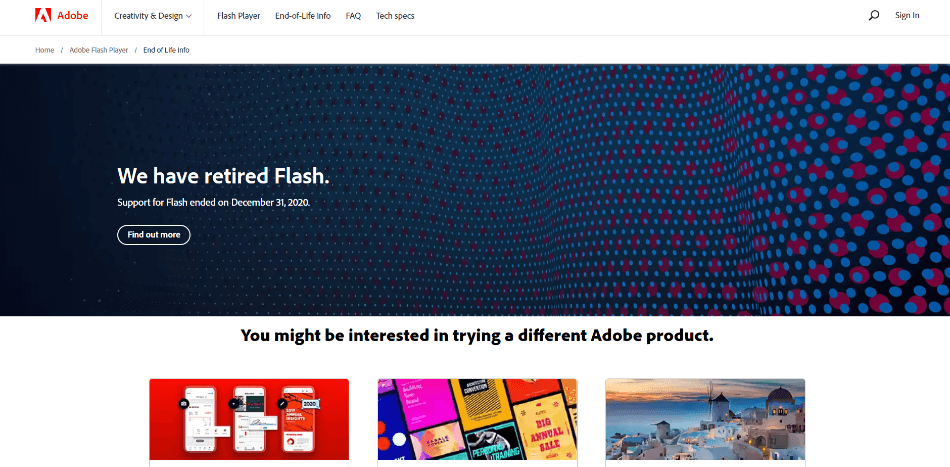 Adobe Flash retirement page