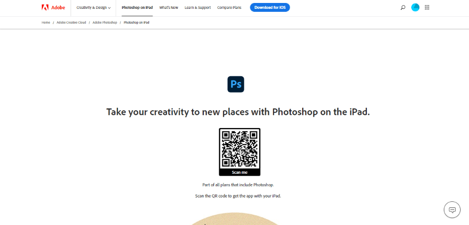 Adobe website Photoshop page for iPad