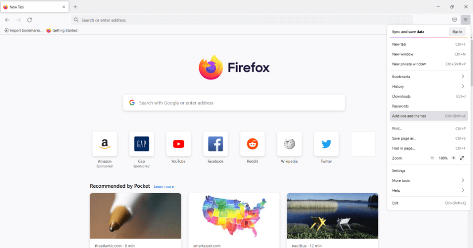 Firefox addons menu