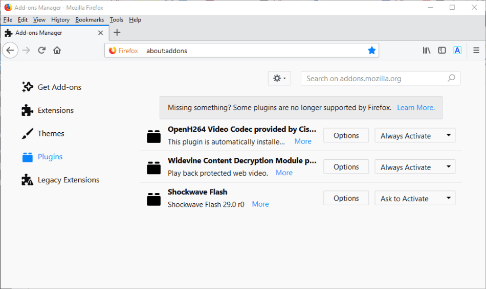 Firefox enabling Flash in plugins settings