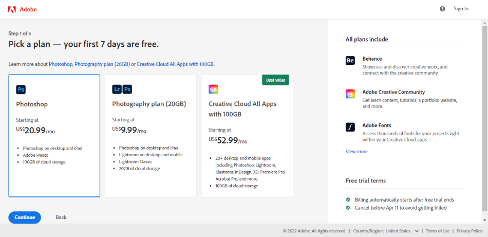 Photoshop Plan Selection on Adobe Website