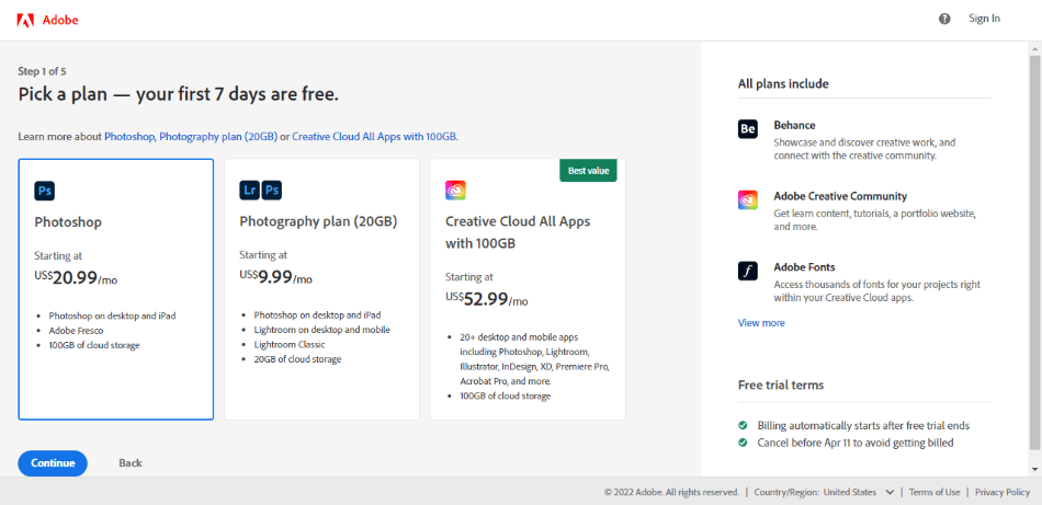 Photoshop Plan Selection on Adobe Website 
