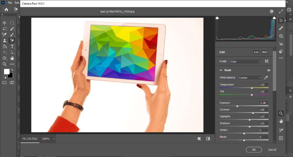 Photoshop CC camera raw filter editing photo of iPad