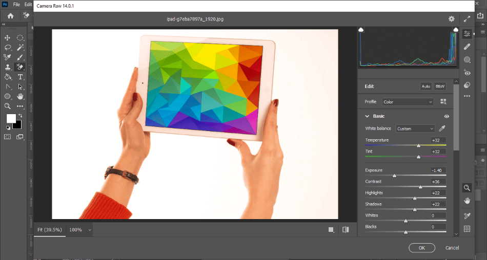 Photoshop CC camera raw filter editing photo of iPad 