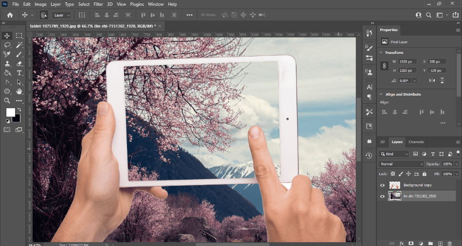 Photoshop CC placing mountain background on ipad in foreground 
