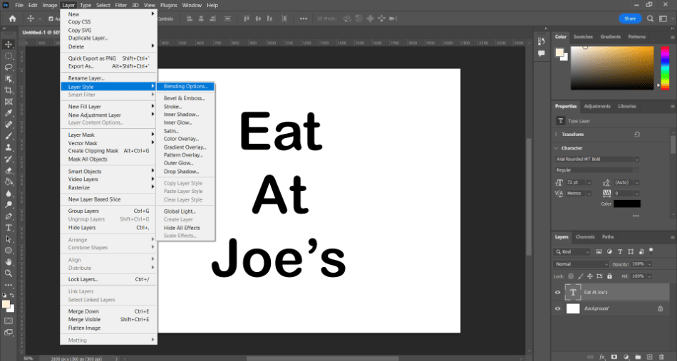 Photoshop eat at joes text selecting layer styles 