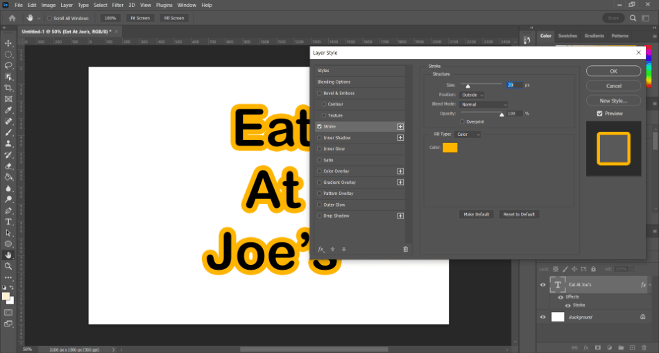 Photoshop eat at joes text stroke applied 