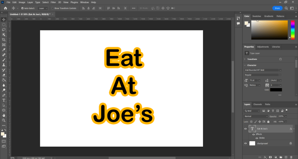 Photoshop eat at joes text with stroke 