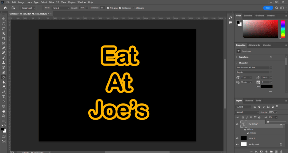 Photoshop eat at joes text with stroke and no fill 