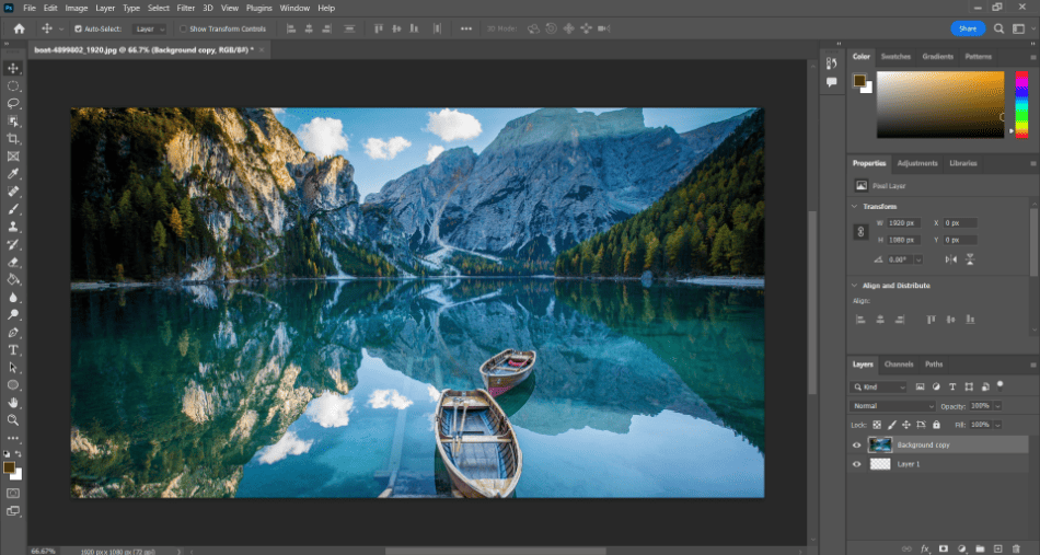 Photoshop image of lake in new layer 1