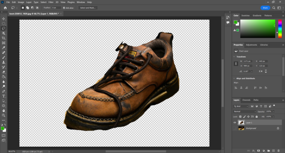 Photoshop leather shoe lasso tool isolated 1