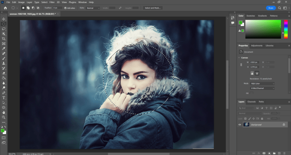 Photoshop woman in coat ellipitical drawn on face