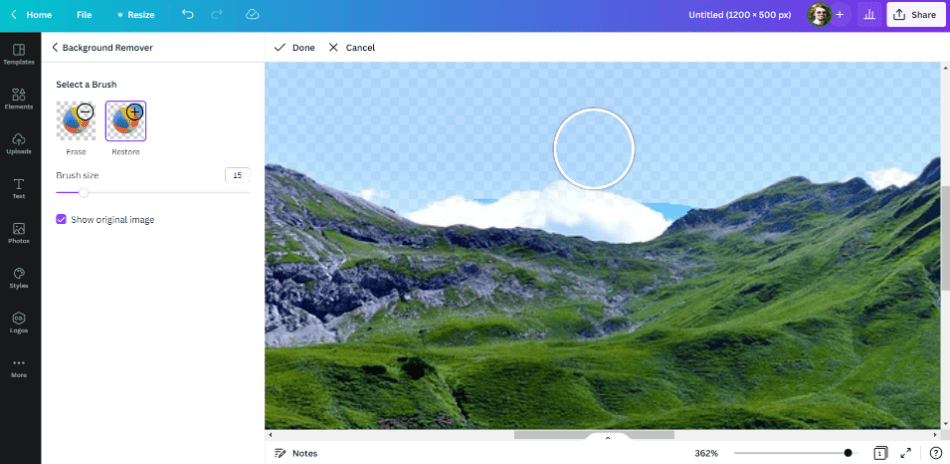 Canva mountain photo background restore brush show original