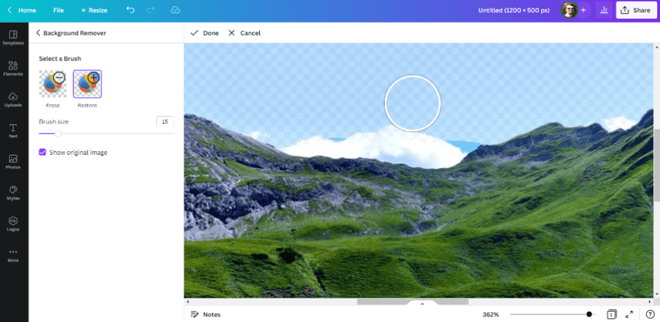Canva mountain photo background restore brush show original 
