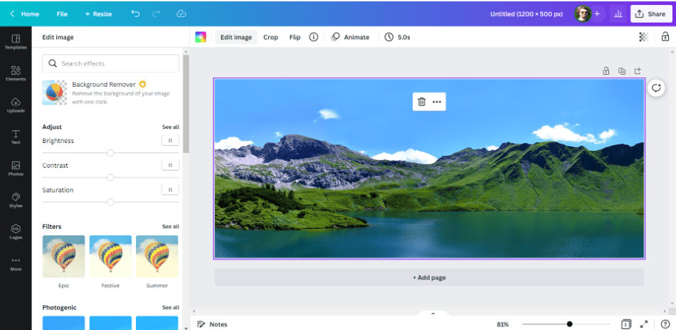 Canva mountain photo edit image options