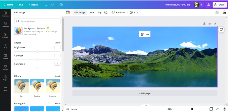 Canva mountain photo edit image options 