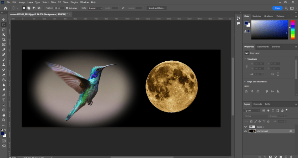 Photoshop bird and moon with feathering 