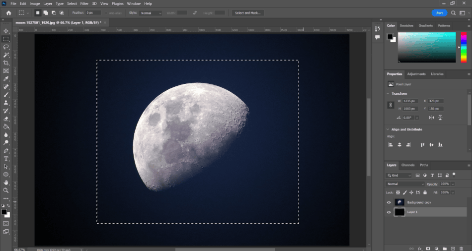 Photoshop moon photo with box selection 