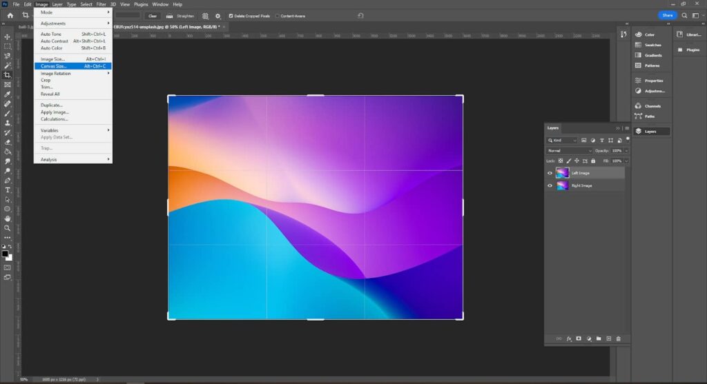 Access the Canvas Size sub menu from the main image menu 1